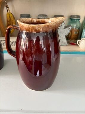 Vintage Hull Glazed Deep Brown Ceramic Pitcher with Drip Cream Rim ovenproof